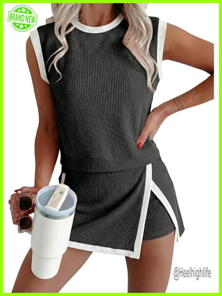 2 Piece Sets For Women Summer Outfits Ribbed Knit Tank Top And Split Lined